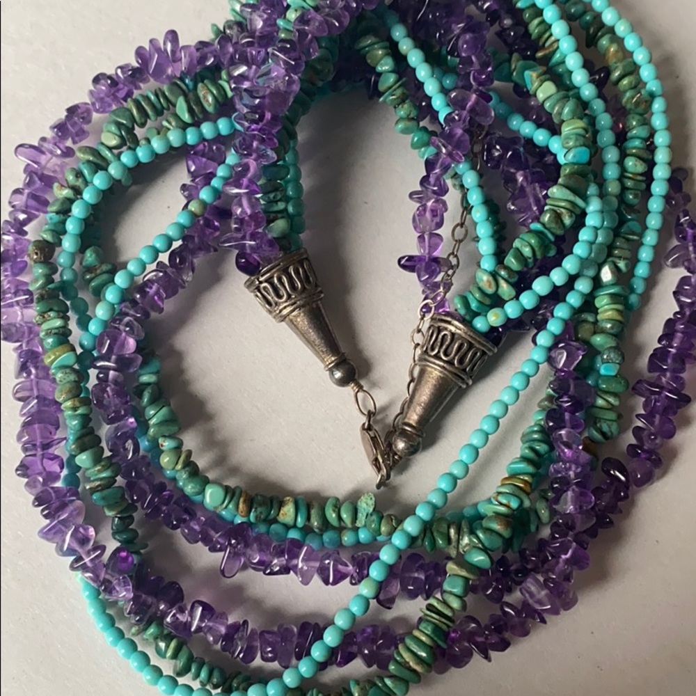 turquoise amethyst multi strand sterling necklace